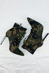 Camo Lace Up Point Ankle Stiletto Boots