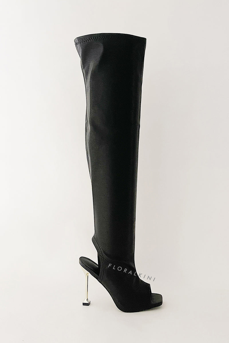 Textured Peep Square Toe Thigh High Stiletto Heeled Boots - Black