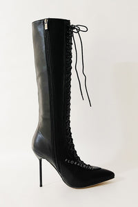 Laced-Up Tapered Toe Knee High Stiletto Boots - Black