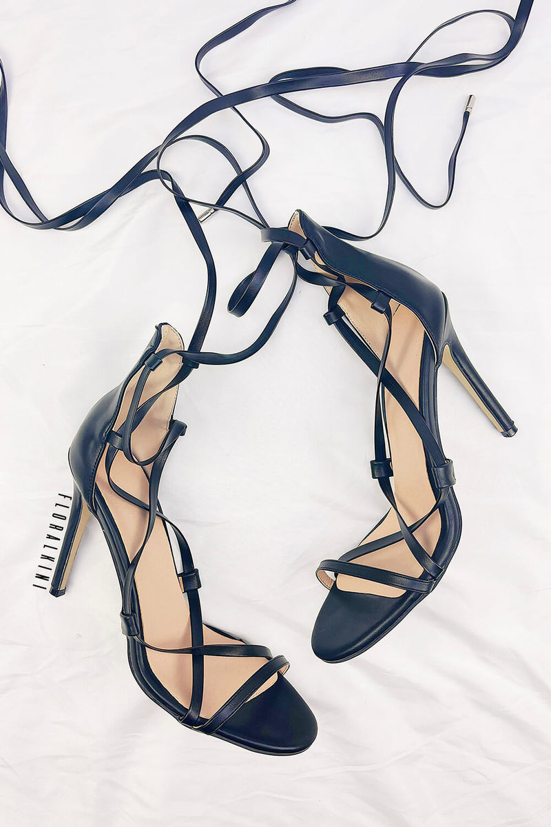 Strappy Lace-Up High Heel Sandals - Black