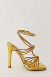 Heart Embellished Strappy Square Toe High Stiletto Heels - Gold