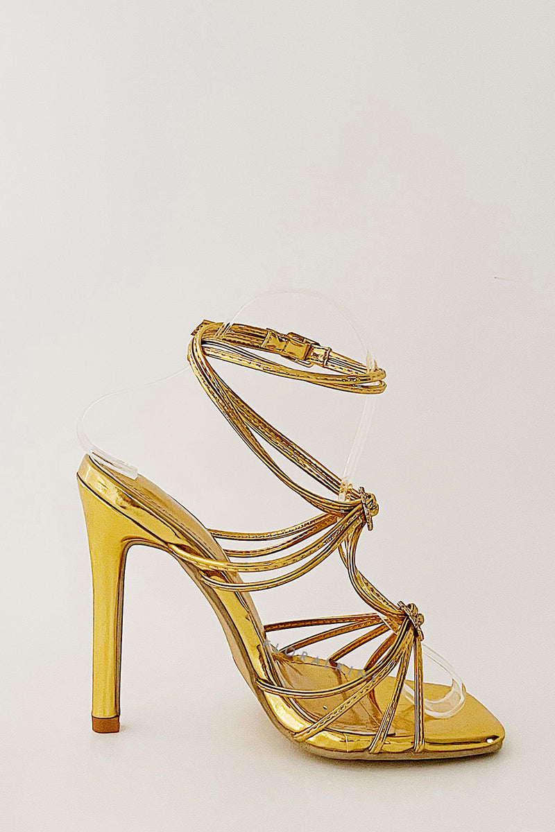 Heart Embellished Strappy Square Toe High Stiletto Heels - Gold