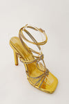 Heart Embellished Strappy Square Toe High Stiletto Heels - Gold