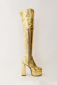 Metallic Faux Leather Platform Block Heel Thigh High Boots - Gold