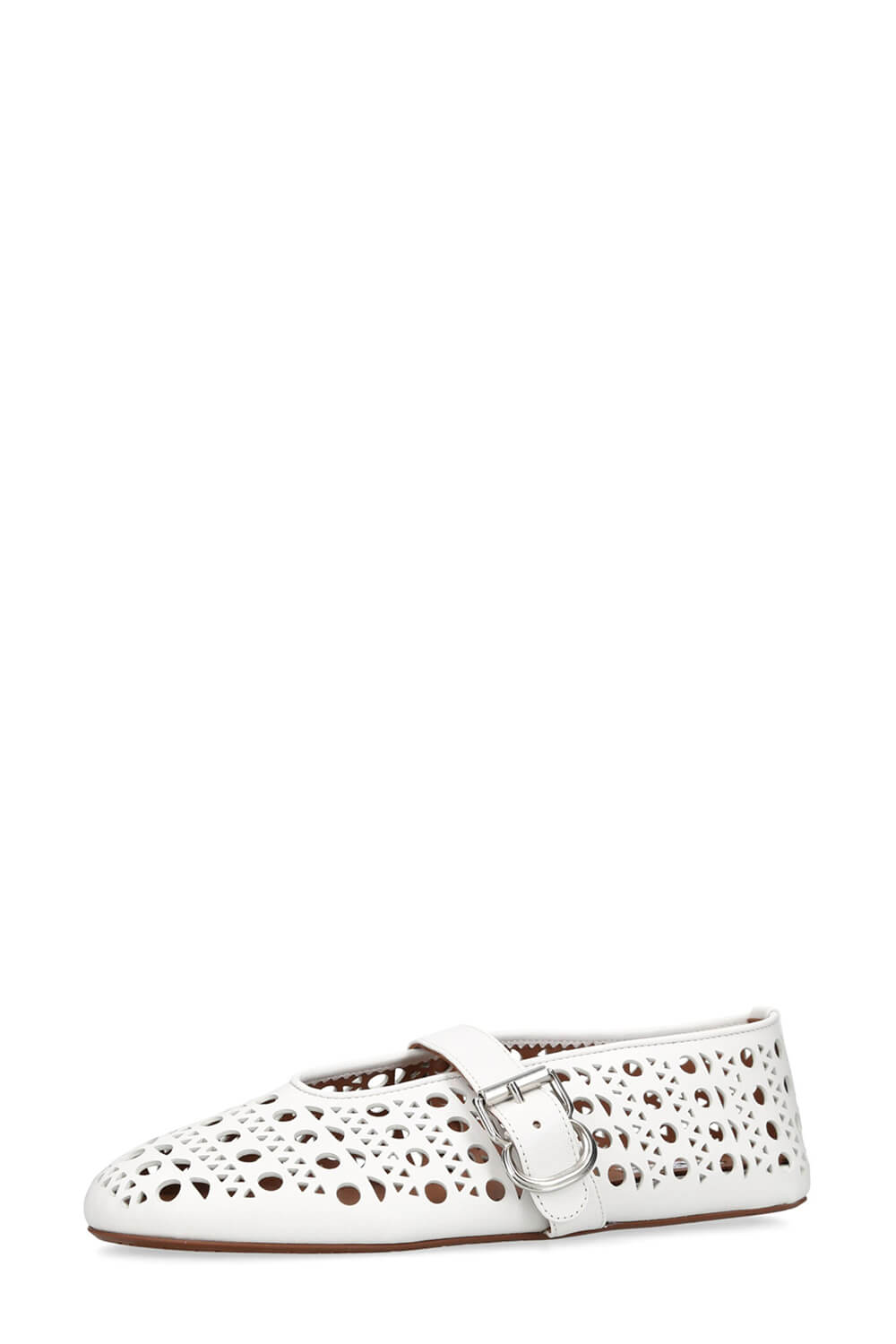 Faux Leather Laser-Cut Buckled Ballet Flats - White
