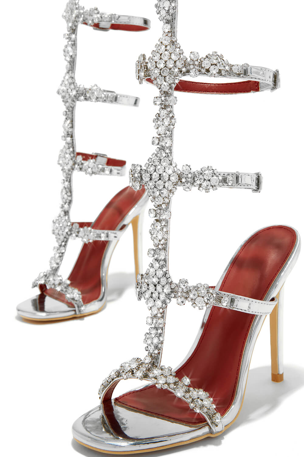 Diamante Embellished Cage High Stiletto Heels-Silver