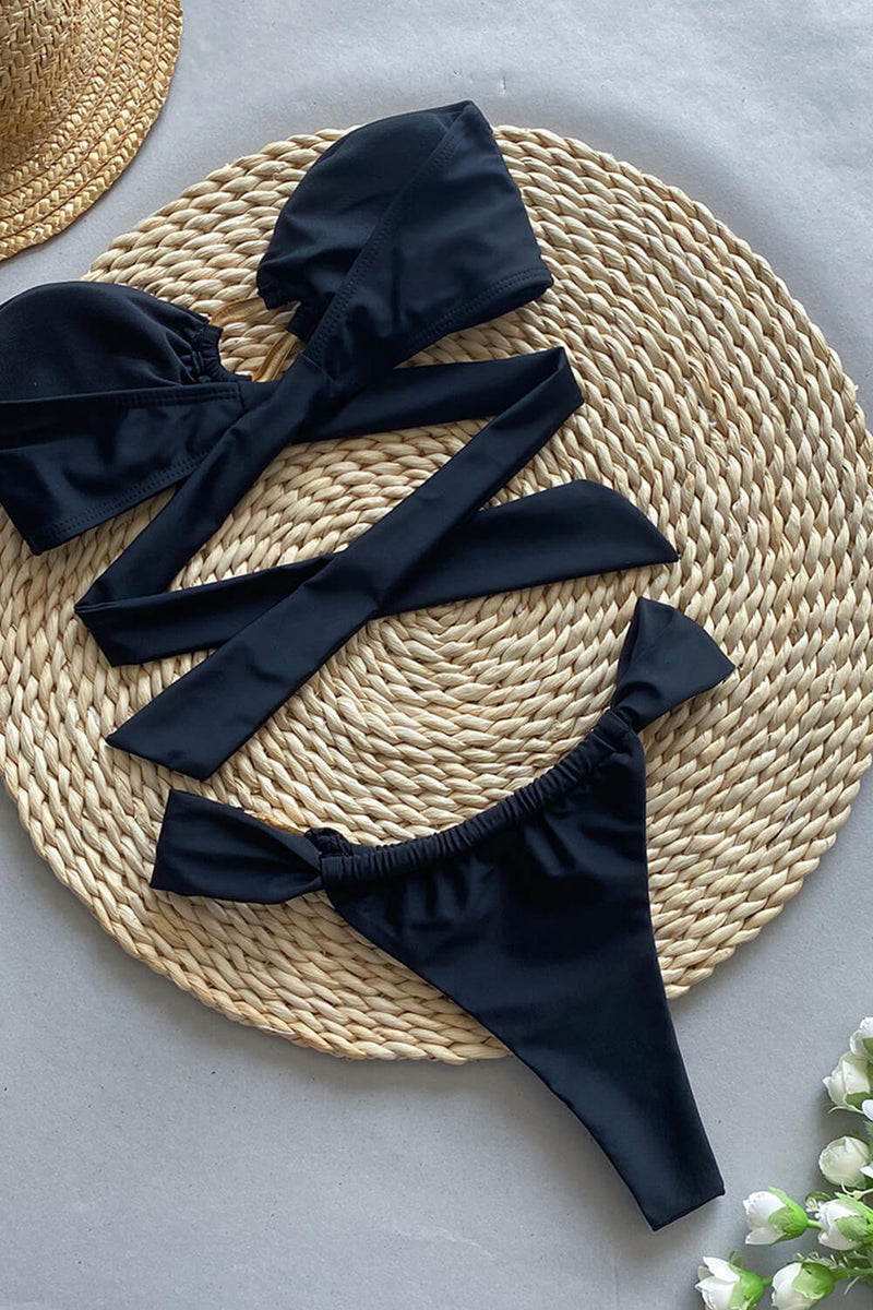 Bandeau Bikini Set With Gold Hardware Details - Black