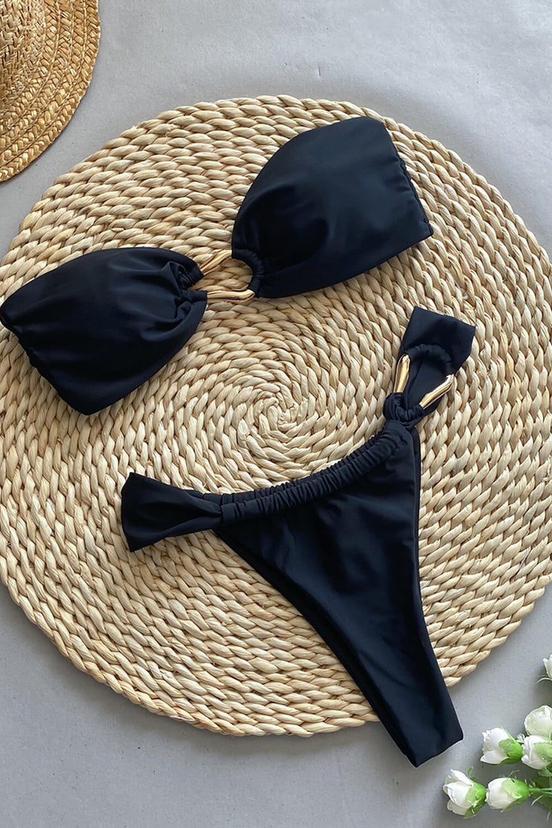 Bandeau Bikini Set With Gold Hardware Details - Black