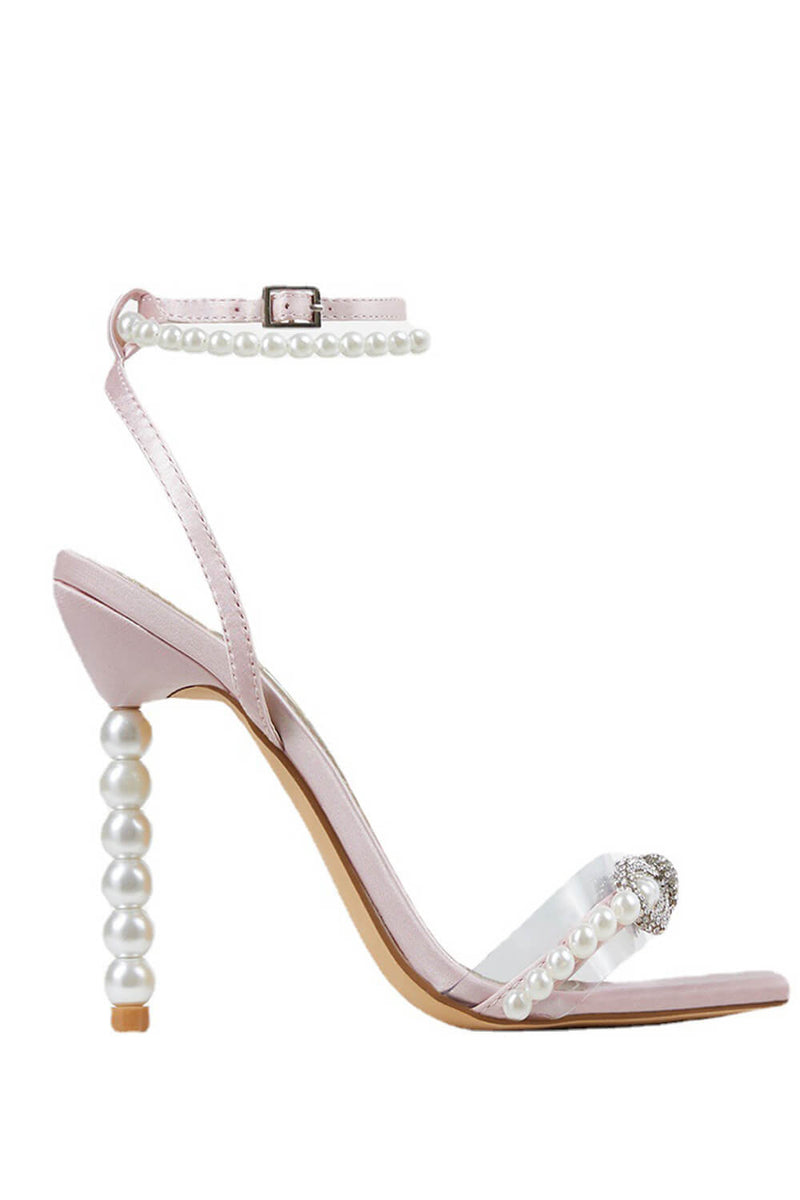 Satin Pearl Crystal Bow Square Toe Strappy Stiletto Heels - Pink