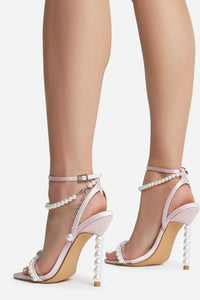 Satin Pearl Crystal Bow Square Toe Strappy Stiletto Heels - Pink