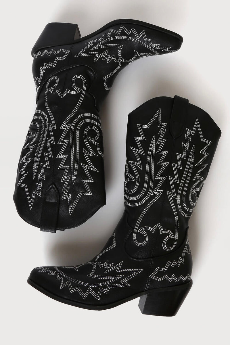 Black And White Embroidered Western Cowboy Pointed-Toe Mid-Calf Boots