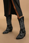 Black And White Embroidered Western Cowboy Pointed-Toe Mid-Calf Boots