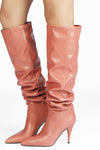 Faux Leather Scrunched Slouch Mid-Calf Pointed Toe Stiletto Heel Boots