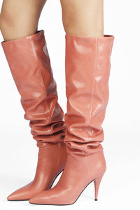 Faux Leather Scrunched Slouch Mid-Calf Pointed Toe Stiletto Heel Boots