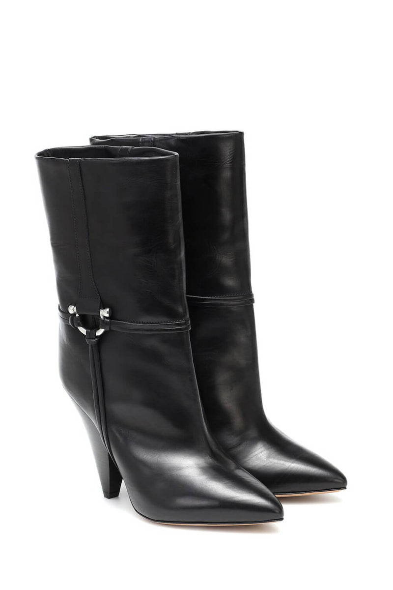 Pointed-Toe Faux Leather Mid-Rise Ankle Boots