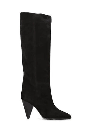 Pointed-Toe Faux Suede Cone Heel Knee High Boots