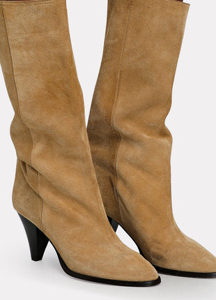 Pointed-Toe Faux Suede Cone Heel Knee High Boots