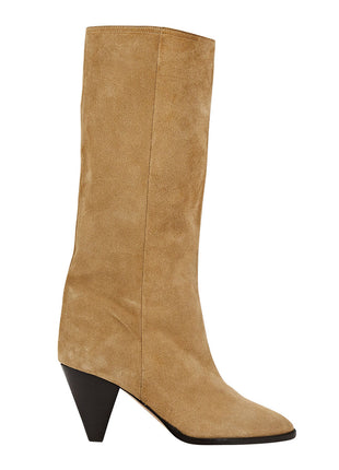 Pointed-Toe Faux Suede Cone Heel Knee High Boots