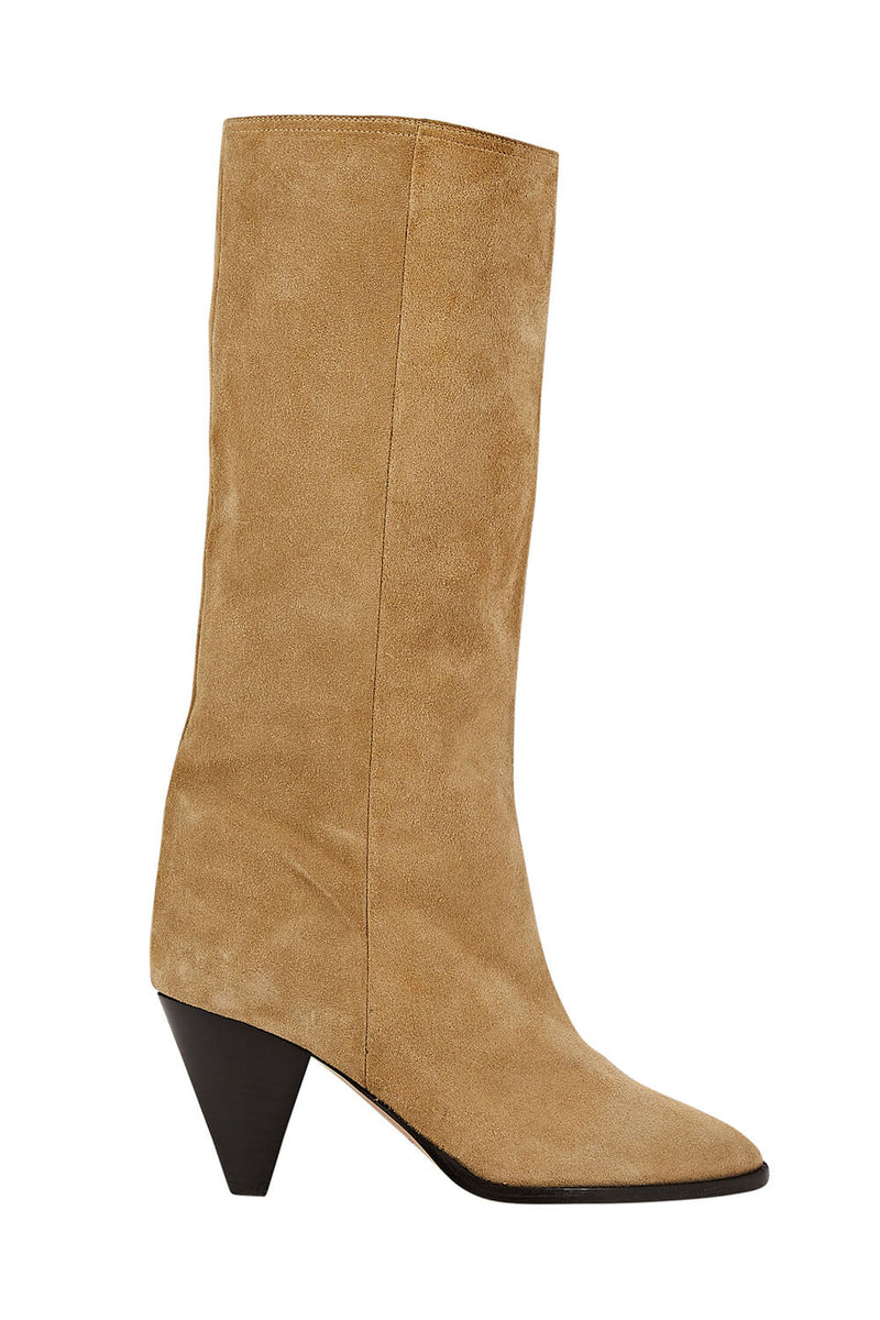 Pointed-Toe Faux Suede Cone Heel Knee High Boots