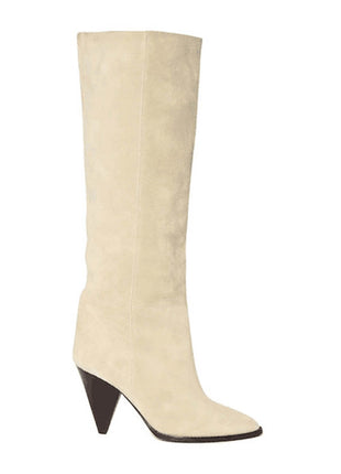 Pointed-Toe Faux Suede Cone Heel Knee High Boots