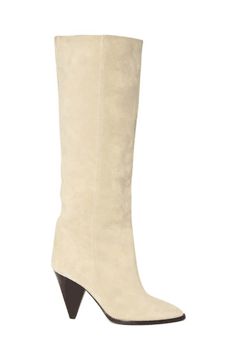 Pointed-Toe Faux Suede Cone Heel Knee High Boots