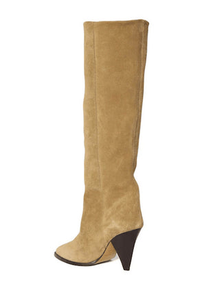 Pointed-Toe Faux Suede Cone Heel Knee High Boots