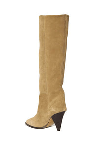 Pointed-Toe Faux Suede Cone Heel Knee High Boots