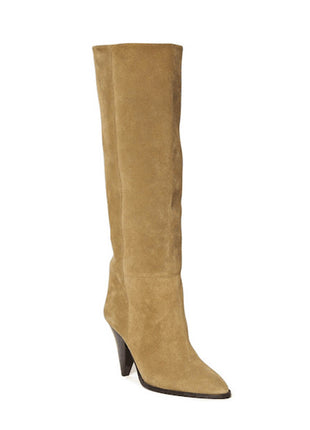 Pointed-Toe Faux Suede Cone Heel Knee High Boots