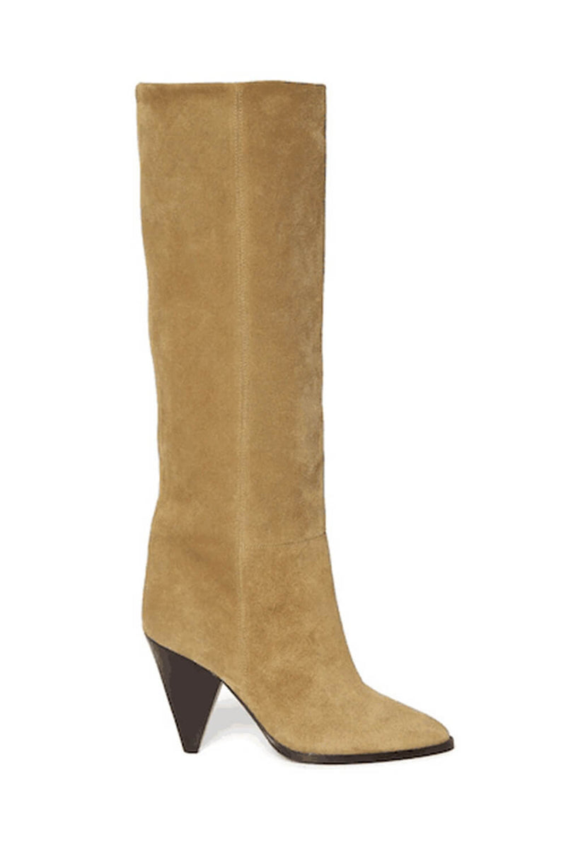 Pointed-Toe Faux Suede Cone Heel Knee High Boots