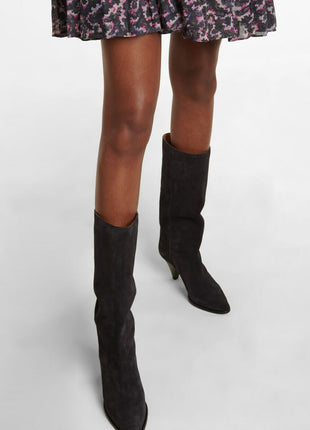 Pointed-Toe Faux Suede Cone Heel Knee High Boots