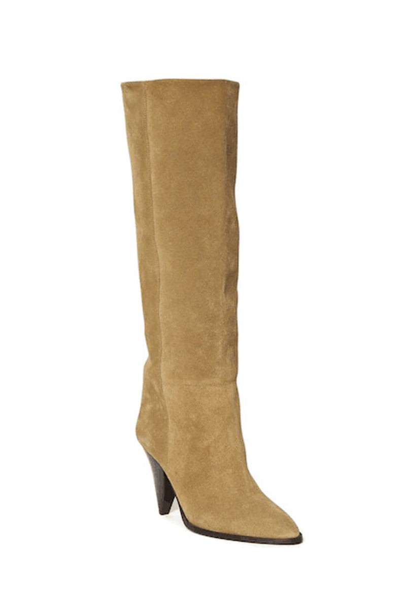 Pointed-Toe Faux Suede Cone Heel Knee High Boots