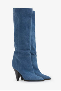 Denim Pointed-Toe Cone Heel Knee High Boots