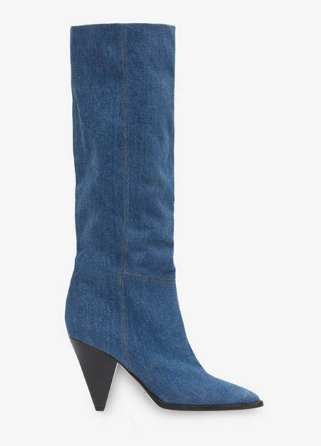 Denim Pointed-Toe Cone Heel Knee High Boots