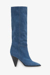 Denim Pointed-Toe Cone Heel Knee High Boots