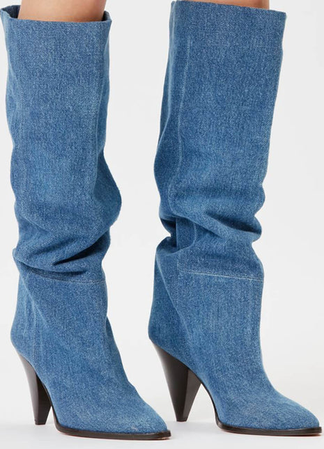 Denim Pointed-Toe Cone Heel Knee High Boots