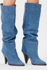 Denim Pointed-Toe Cone Heel Knee High Boots