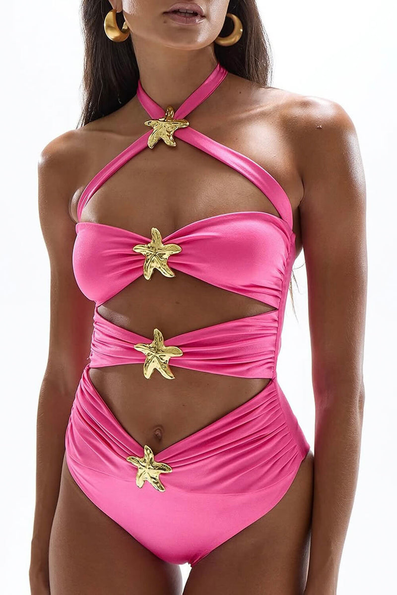 Halterneck Cut Out One Piece Swimsuit With Flower Hardware Details- Hot Pink