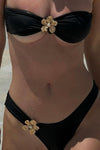 Bandeau Halterneck High Rise Bikini Set With Flower Gold Hardware - Black