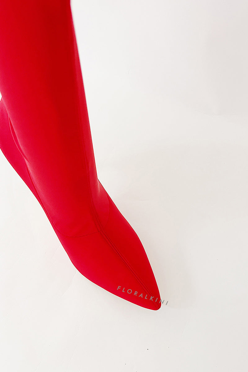 Red Pointed Sock Stiletto Heeled Boots