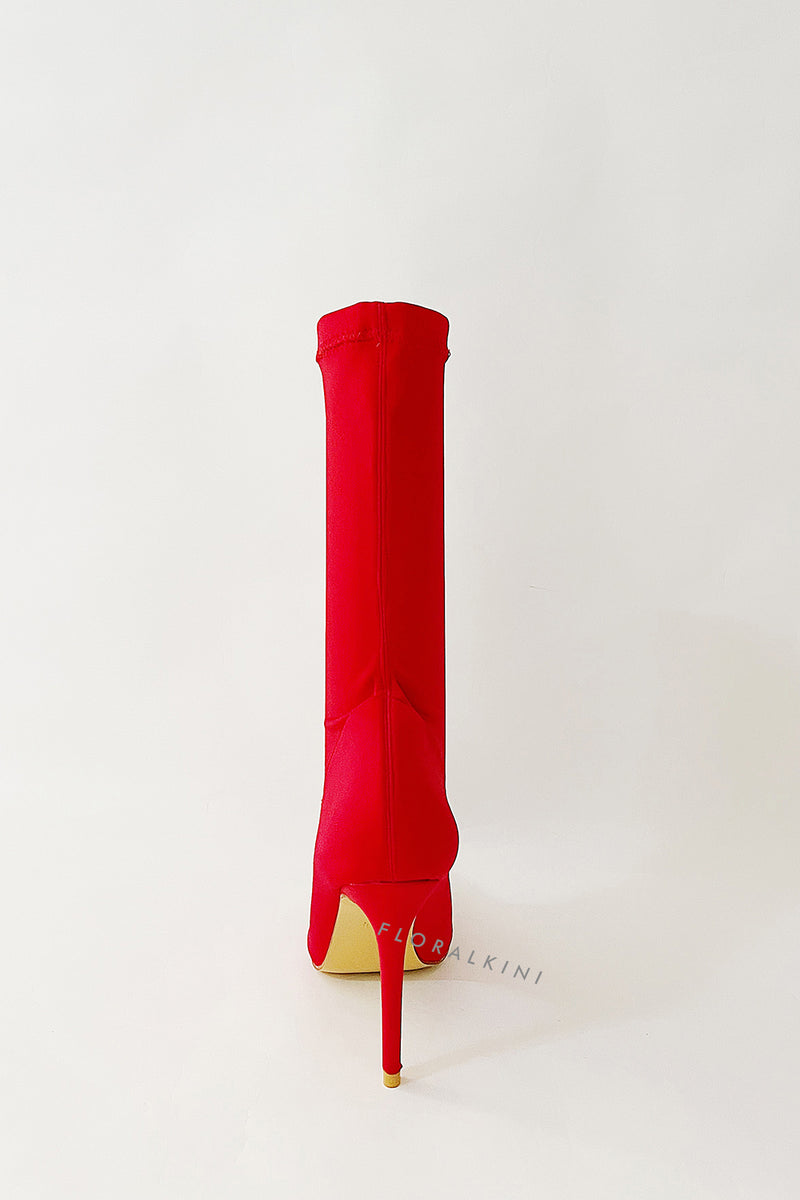 Red Pointed Sock Stiletto Heeled Boots