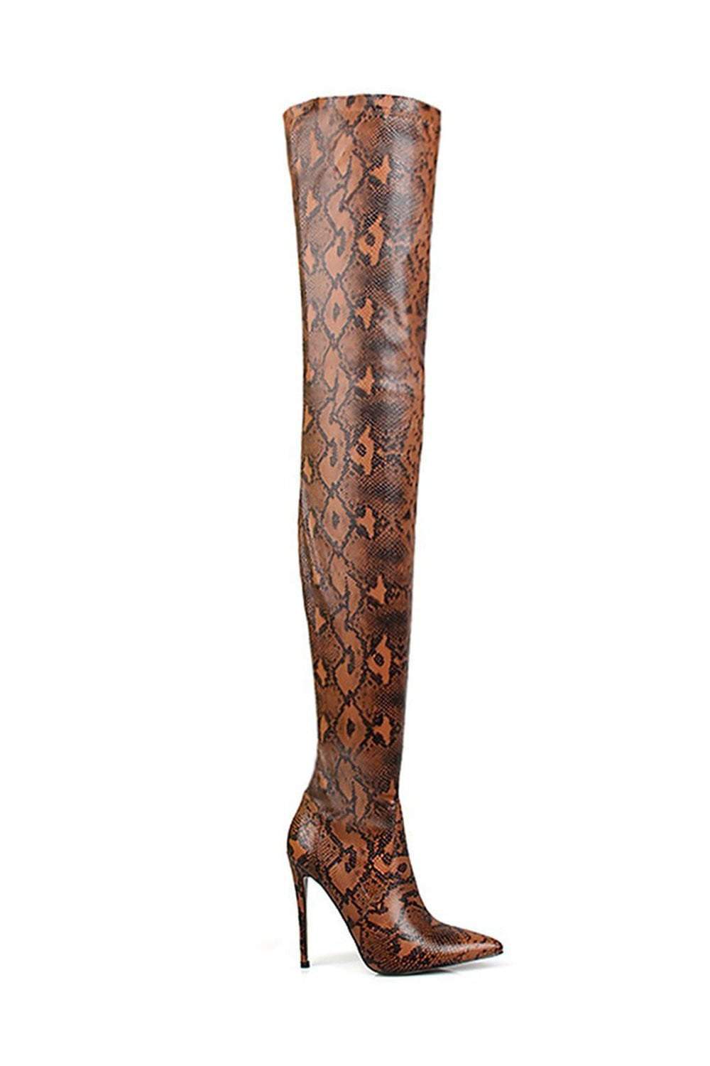 Orangered Snake Print Stiletto Thigh High Boots FloralKini