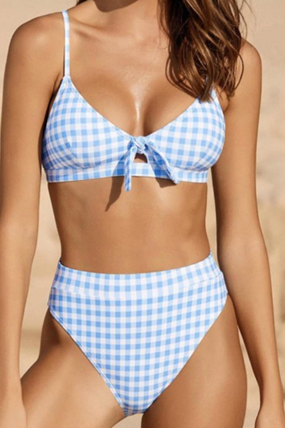 Blue Check Tie Front Bikini Top FloralKini