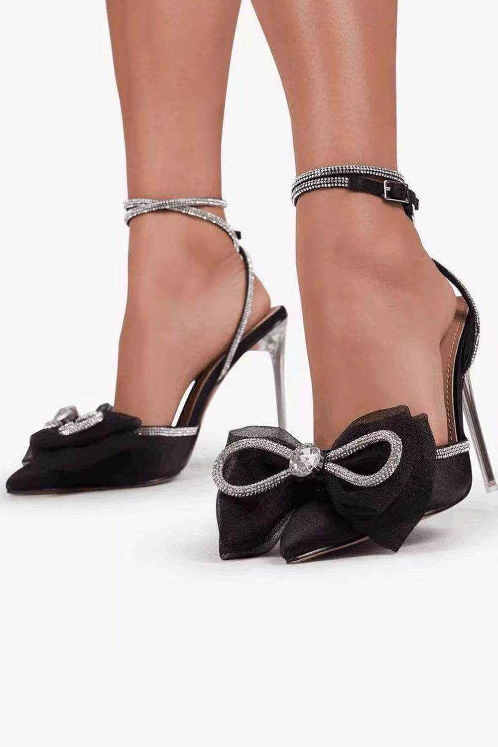 Black Satin Bow Detail Diamante Lace Up Clear Perspex Stiletto Heel FloralKini