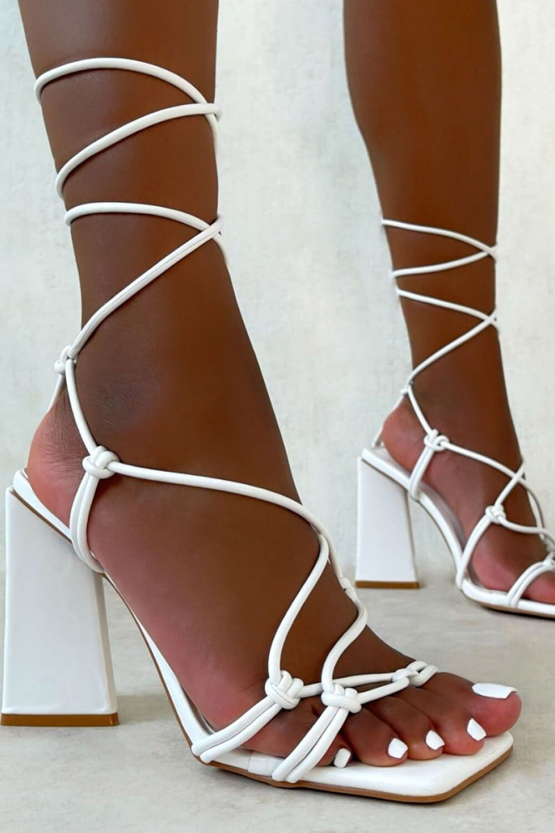 White Lace Up Sculptured Block Heels