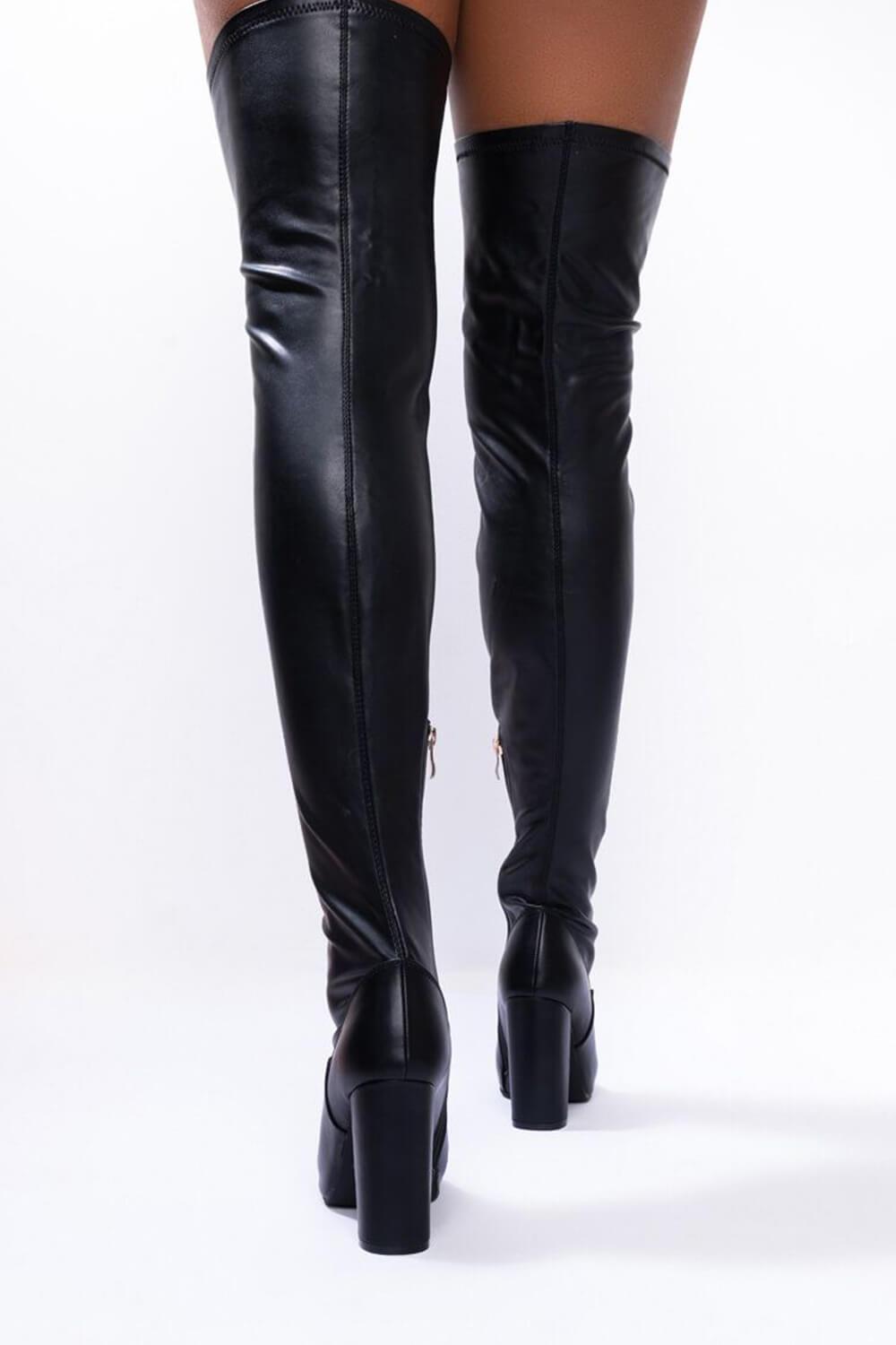 Black Faux Leather Block Heel Over The Knee Thigh High Boots FloralKini