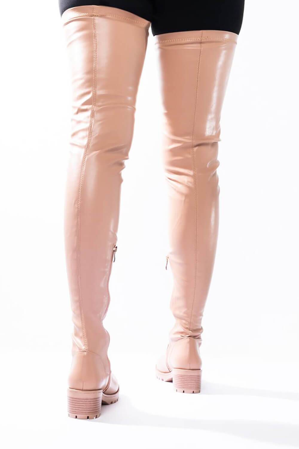 Nude Faux Leather Flat Chunky Over The Knee Thigh High Boots