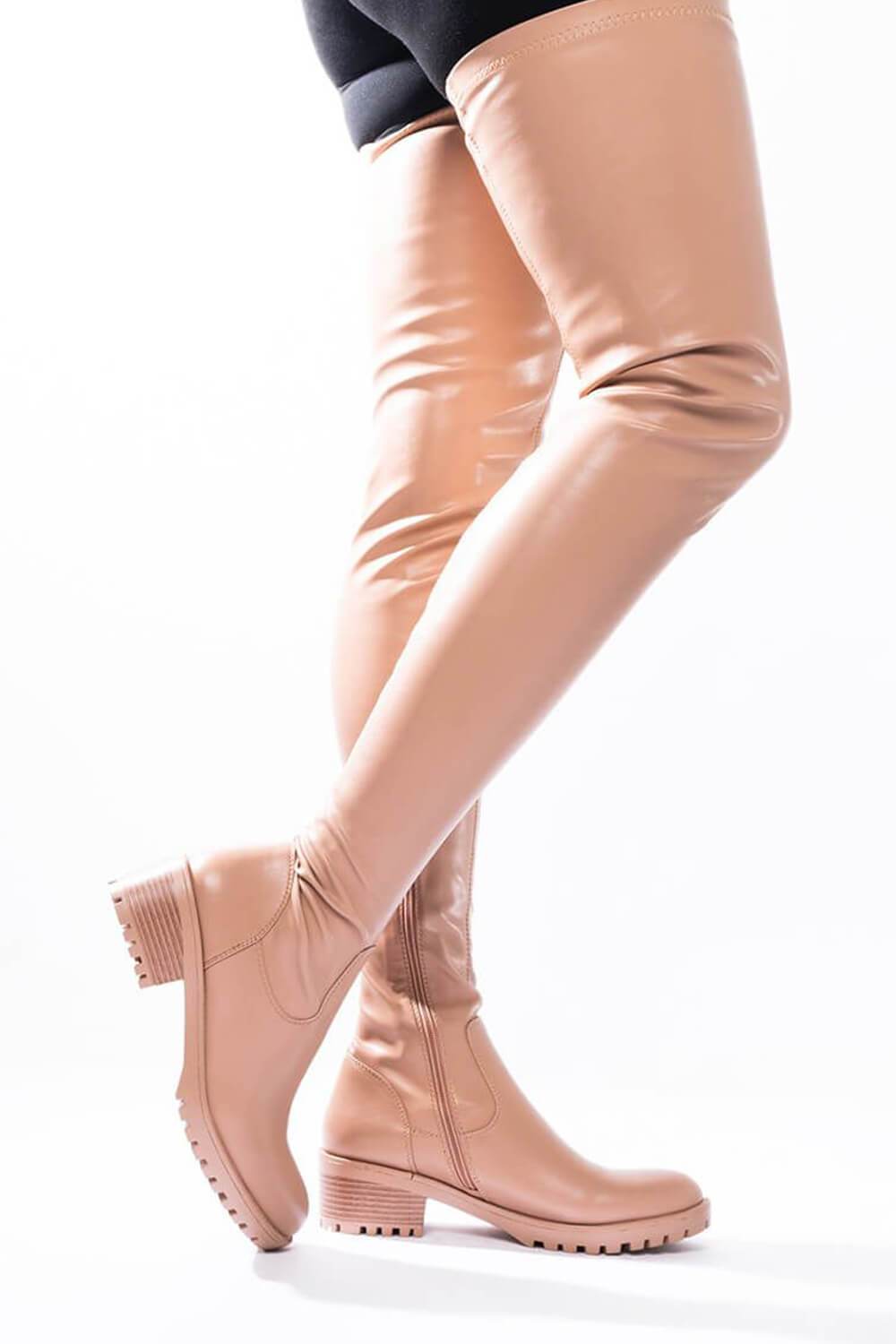 Nude Faux Leather Flat Chunky Over The Knee Thigh High Boots