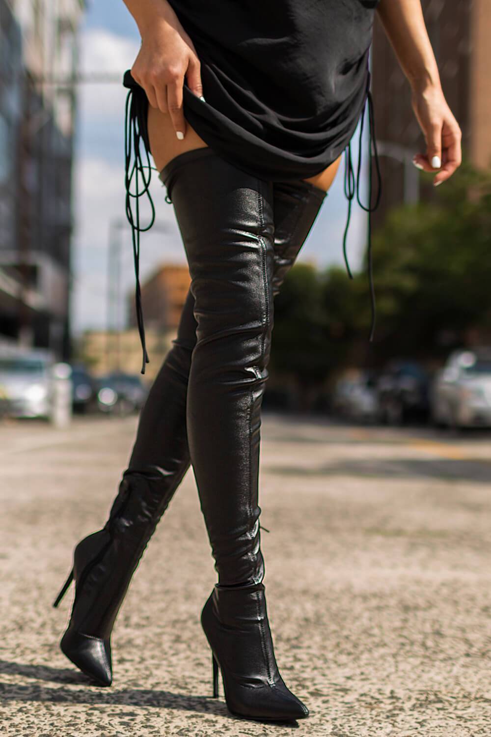 Thigh high best sale black boots leather