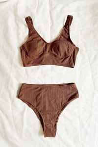 Chocolate Ribbed Plunge Neck Underwire Long Line Bikini Top