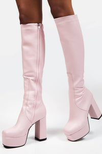 Pink Chunky Platform Block Heel Knee High Boots